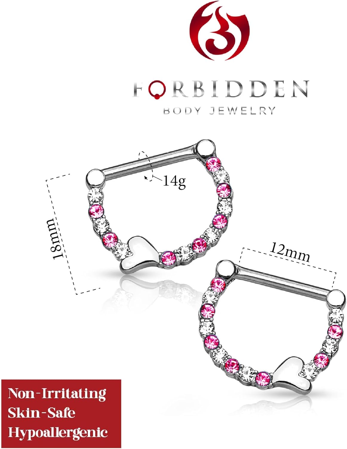 Forbidden Body Jewelry Pair of Surgical Steel 1/2 Inch CZ Crystal Lined Sweetheart Nipple Ring Clikers