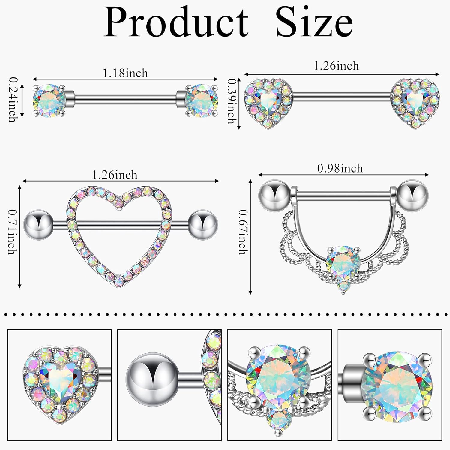 Tatuo 4 Pairs Stainless Steel Nipple Tongue Rings Piercing Body Jewelry Barbell CZ Heart Shape Rings for Women Girls(Silver Bar and AB Color Zirconia)