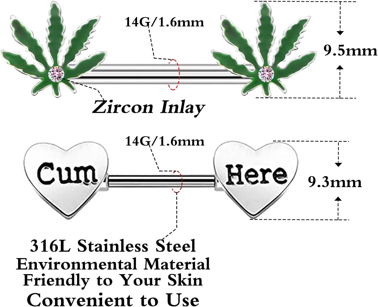4 Pcs 14G Marijuana Leaf Nipple Rings Surgical Steel and Letter Letter Set Nipple Barbell for Women Men Body Piercing