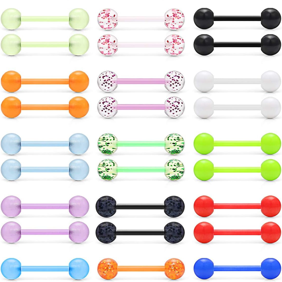 Ftovosyo 14G 16mm Glow in Dark Flexible Acrylic Straight Tongue Nipple Ring Retainer Body Piercing Jewelry for Women Men 6-36PCS