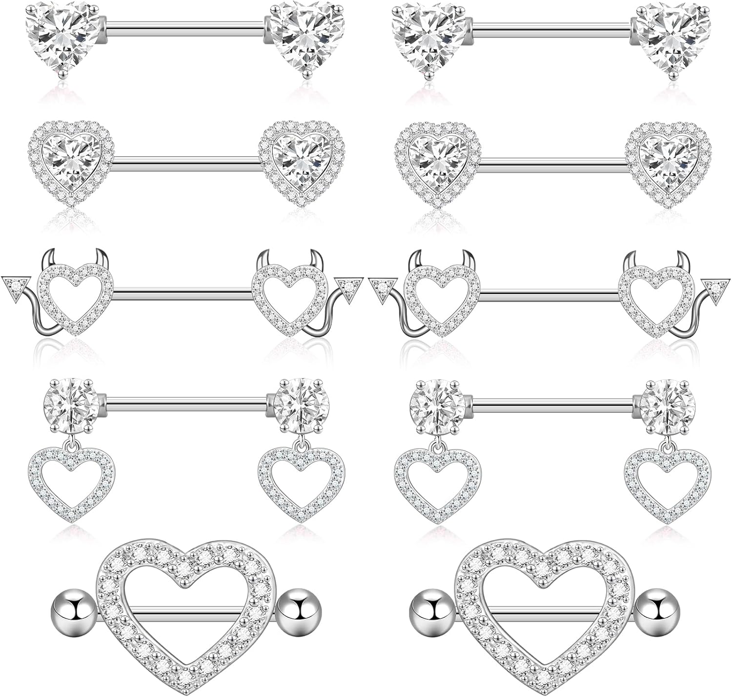 14G Nipple Rings 5-8 Pairs Stainless Steel Nipple Niercing Jewelry Heart Dangle Barbell Tongue Rings Set Cute Pink CZ Nipple Jewelry