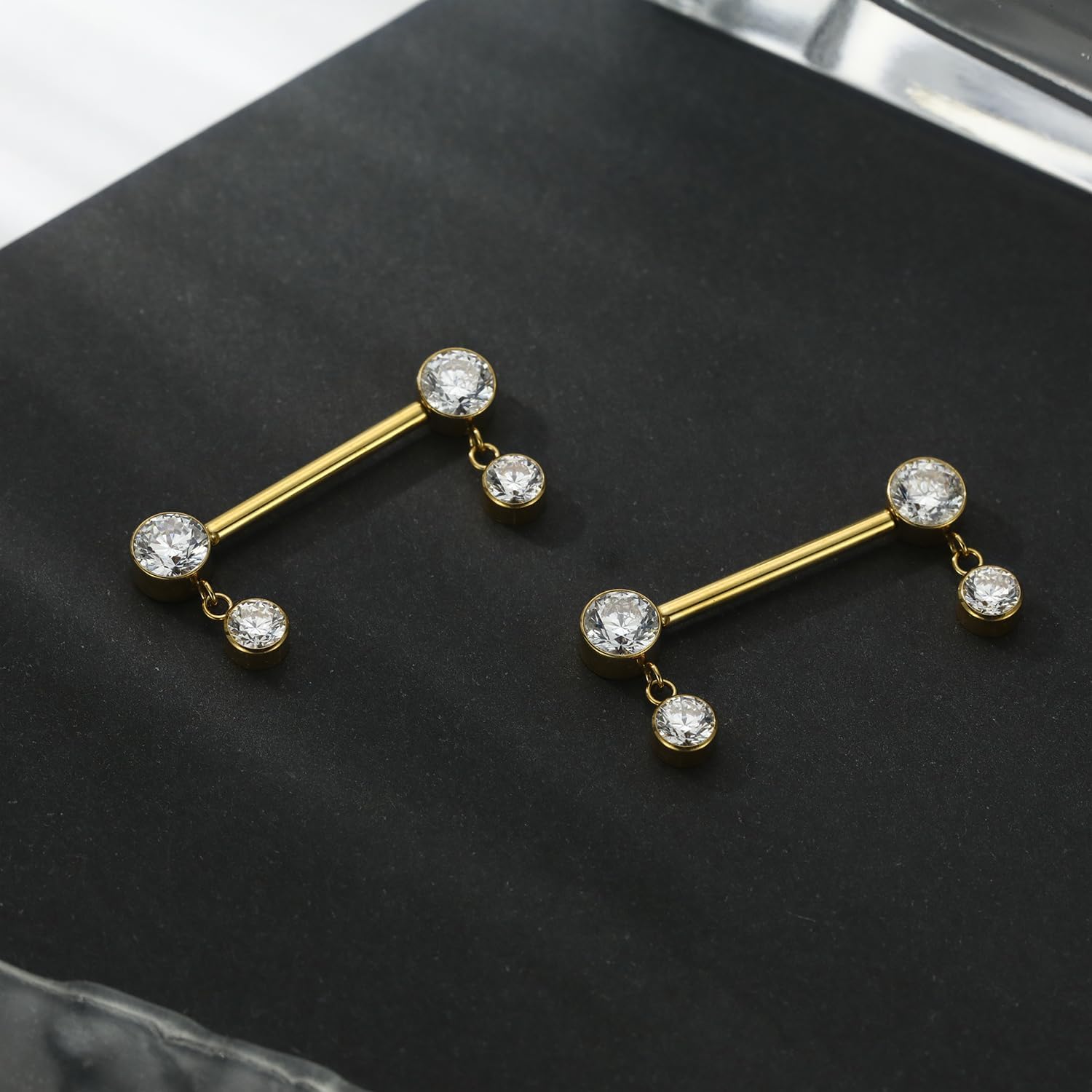 FUNLMO Titanium Nipple Piercing Jewelry - Internally Threaded Rings With Cubic Zirconia Dangle, 14G Barbell Bars