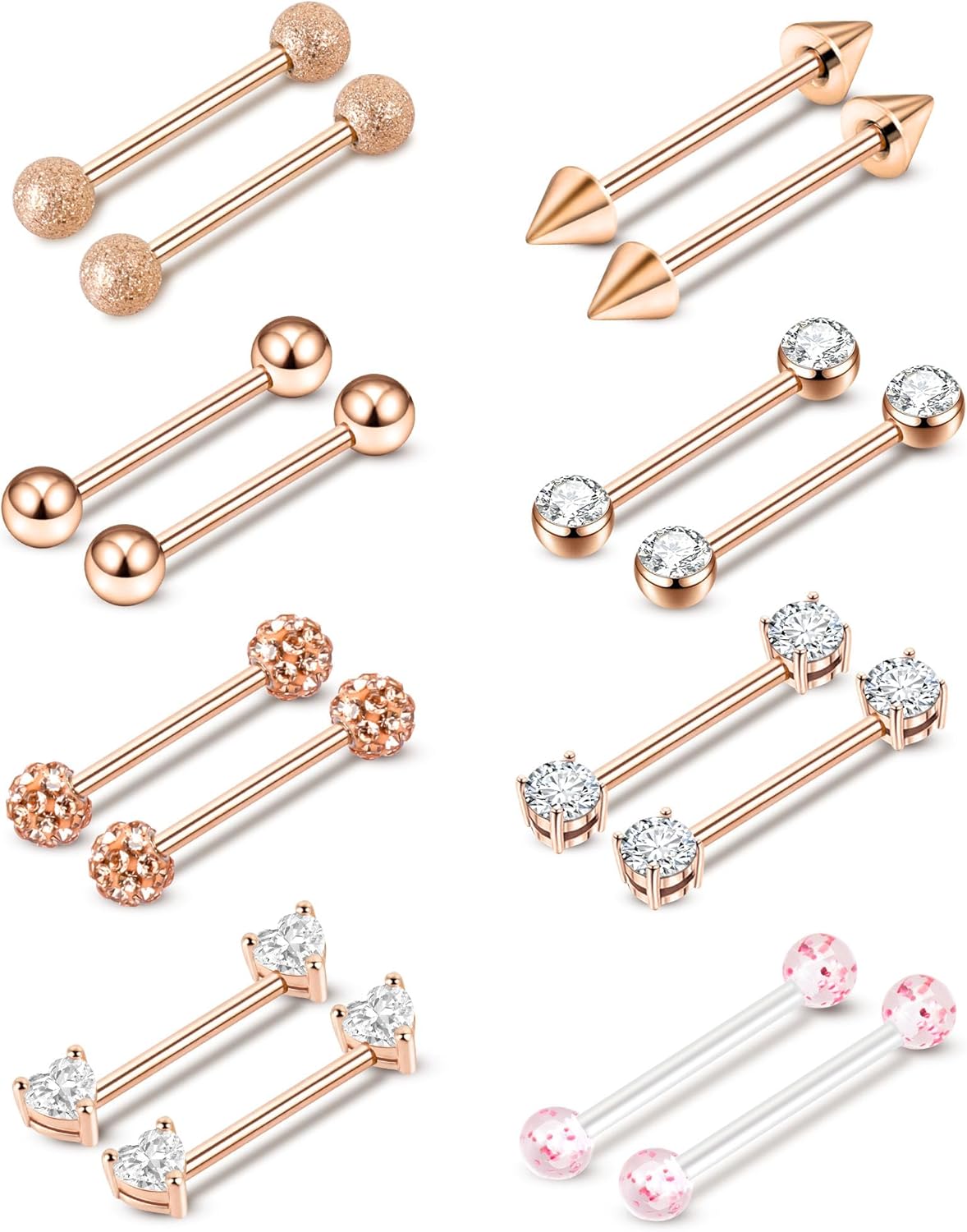 14G Nipple Rings 5-8 Pairs Stainless Steel Nipple Niercing Jewelry Heart Dangle Barbell Tongue Rings Set Cute Pink CZ Nipple Jewelry