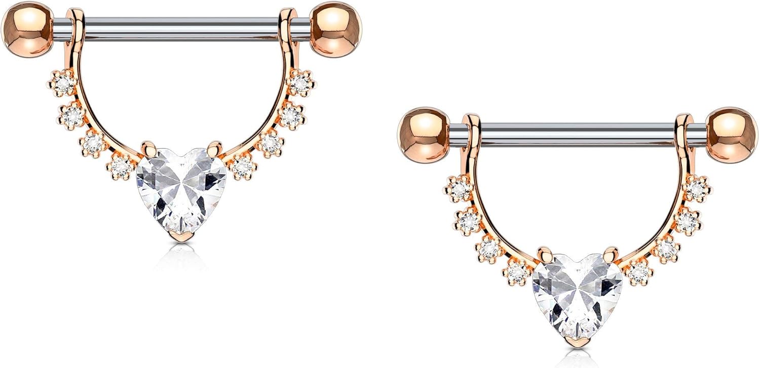 Forbidden Body Jewelry Pair of Surgical Steel 1/2 Inch (12mm) D-Ring Style CZ Heart Dangle Nipple Barbells