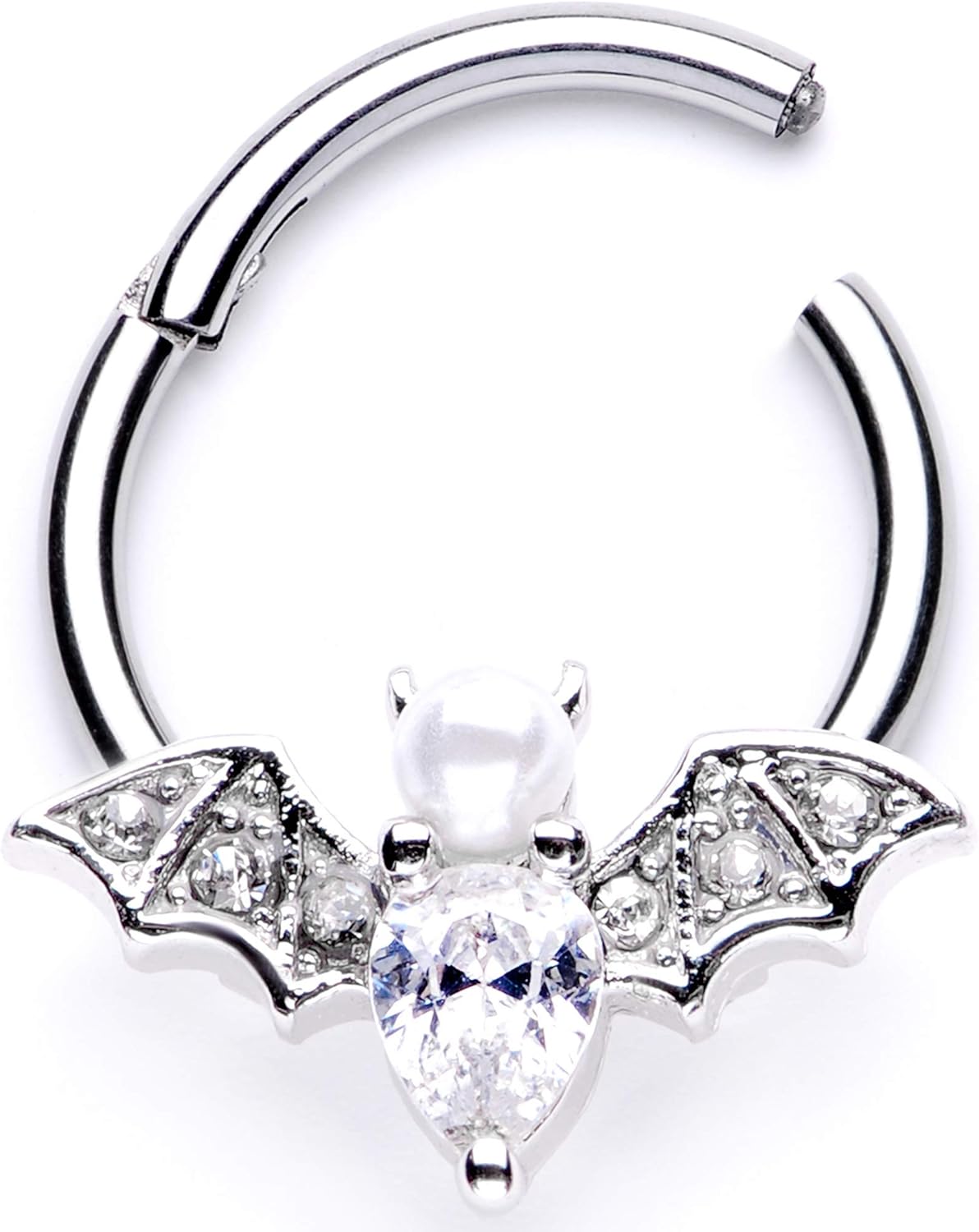 Womens 16G Steel Hinged Segment Ring Seamless Cartilage Nipple Ring Clear Bat Nose Hoop 3/8"