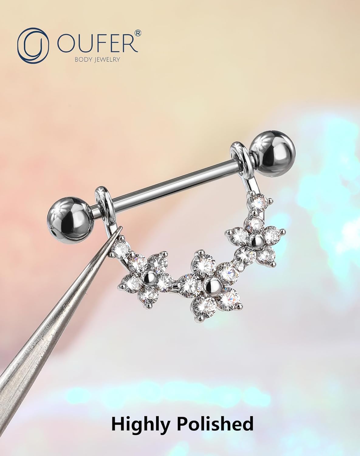 OUFER 2PCS 316L Stainless Steel Nipple Piercing Jewelry - 14G Flower Nipple Rings For Women, 14mm Body Piercing Jewelry