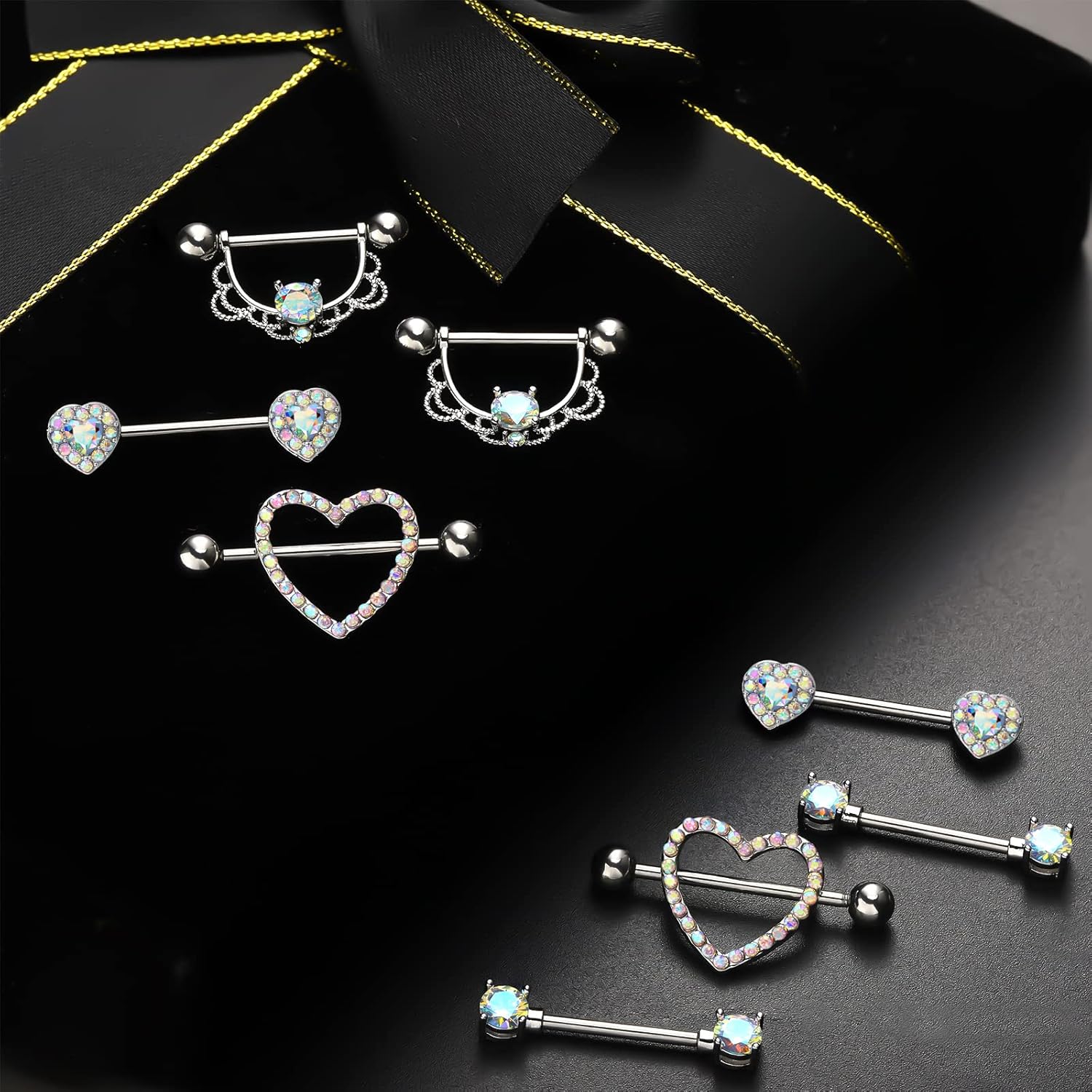 Tatuo 4 Pairs Stainless Steel Nipple Tongue Rings Piercing Body Jewelry Barbell CZ Heart Shape Rings for Women Girls(Silver Bar and AB Color Zirconia)