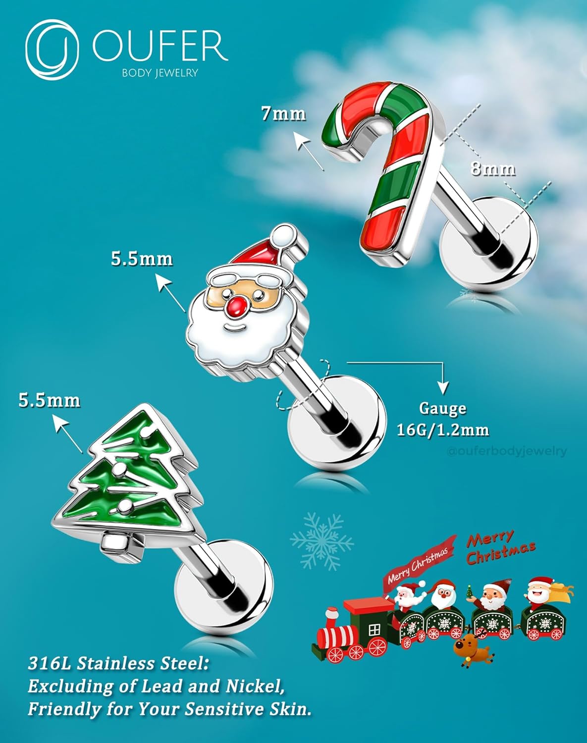 OUFER Lip Piercing Jewelry, 3PCS Christmas Elements 16G Lip Rings, 316L Surgical Steel Labret Lip Piercing Jewelry, Cartilage Helix Tragus Earrings For Women And Menv