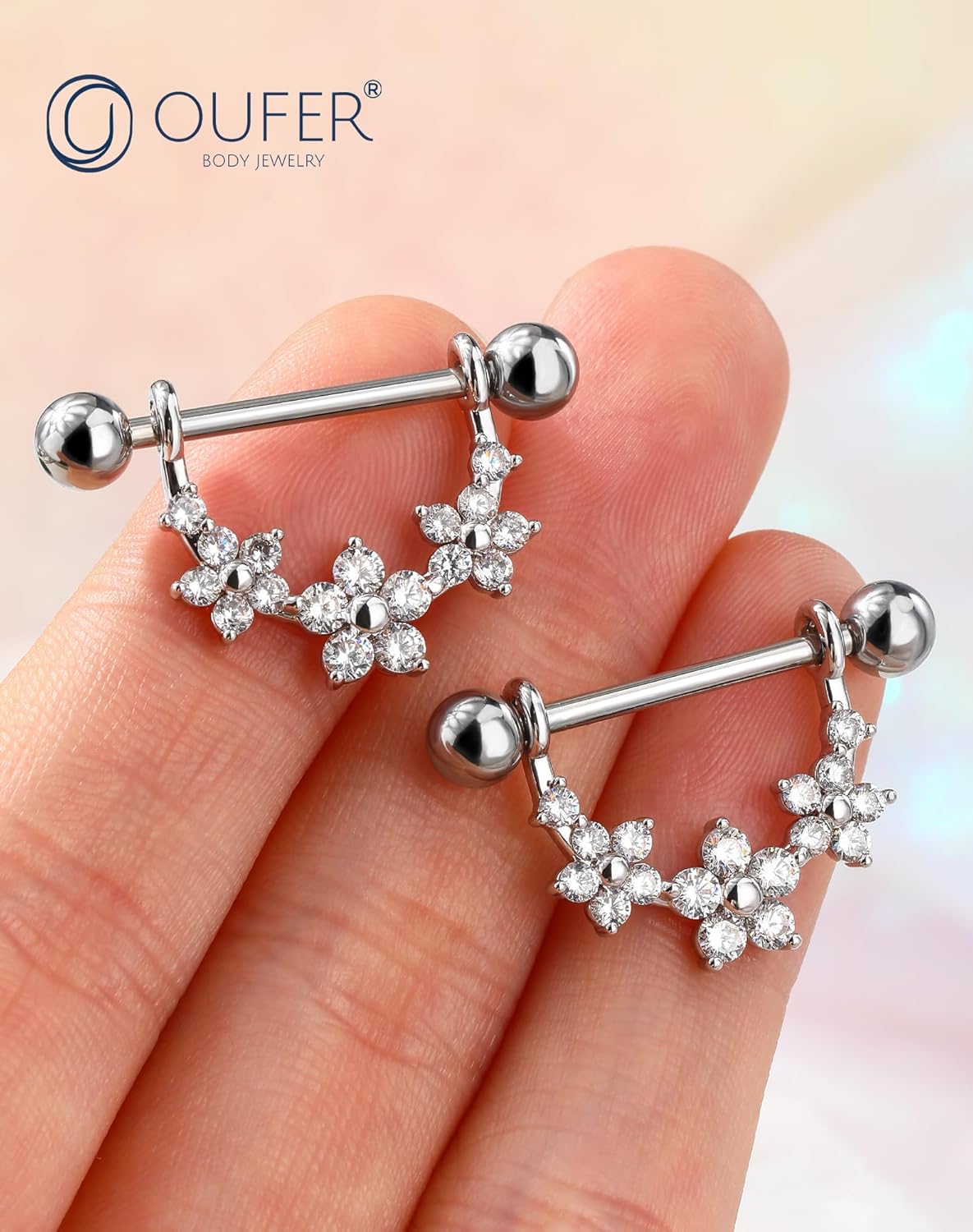 OUFER 2PCS 316L Stainless Steel Nipple Piercing Jewelry - 14G Flower Nipple Rings For Women, 14mm Body Piercing Jewelry