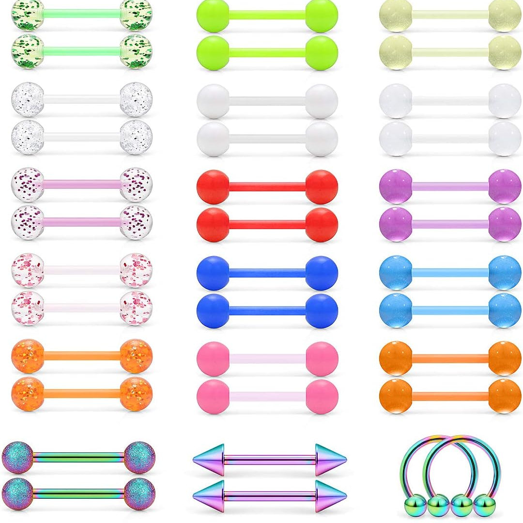 Lcolyoli 48Pcs 14G Glow in Dark Flexible Bioflex Acrylic and Surgical Steel Straight Tongue Barbell Nipple Ring Nipplerings Retainer Piercing Jewelry for Women Men 14mm Bar