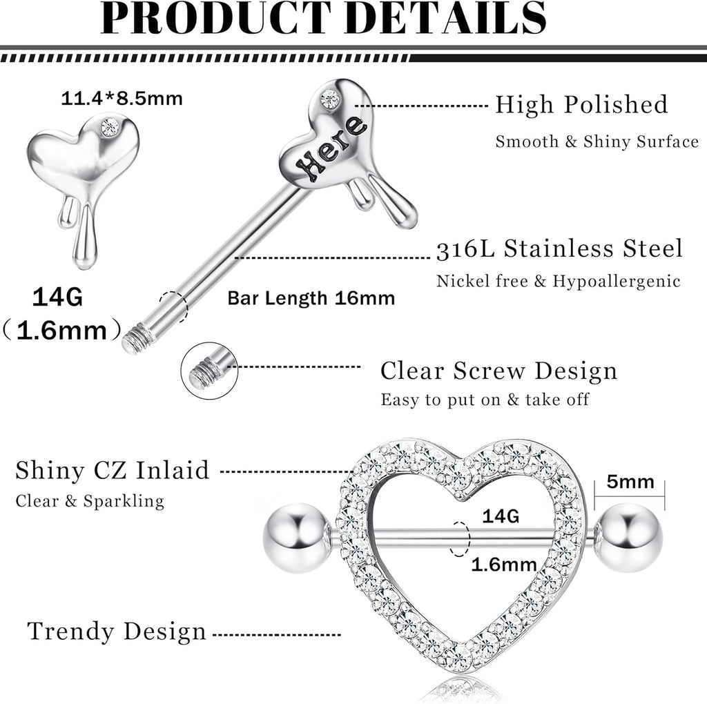 8 Pairs 14G Nipple Rings for Women Stainless Steel CZ Striaght Barbell Tongue Ring Nipple ring Set Butterfly Devil Heart Nipple Piercing Jewelry 16mm 5/8Inch - QIAO CrystalQIAO CrystalQIAO Crystal