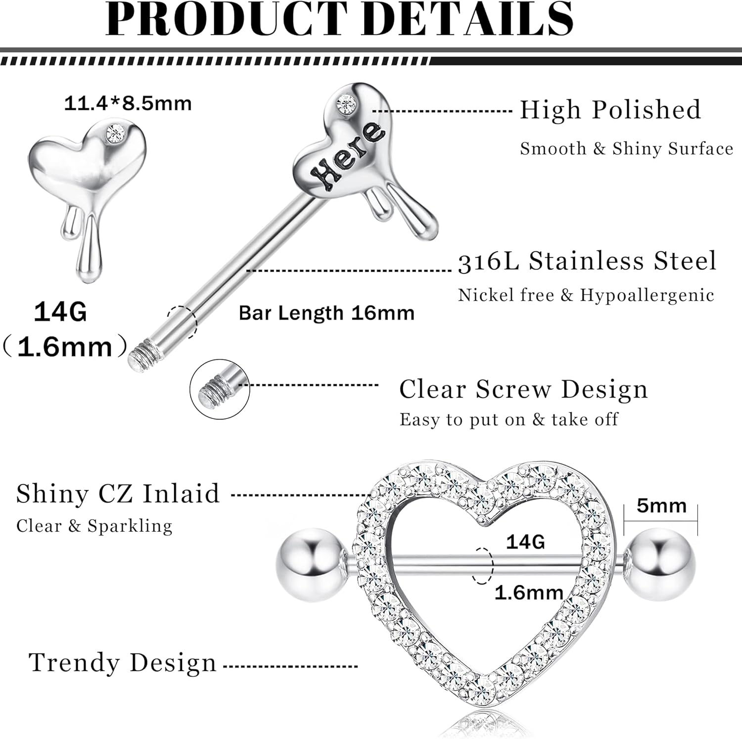 8 Pairs 14G Nipple Rings for Women Stainless Steel CZ Striaght Barbell Tongue Ring Nipple ring Set Butterfly Devil Heart Nipple Piercing Jewelry 16mm 5/8Inch - QIAO CrystalQIAO CrystalQIAO Crystal