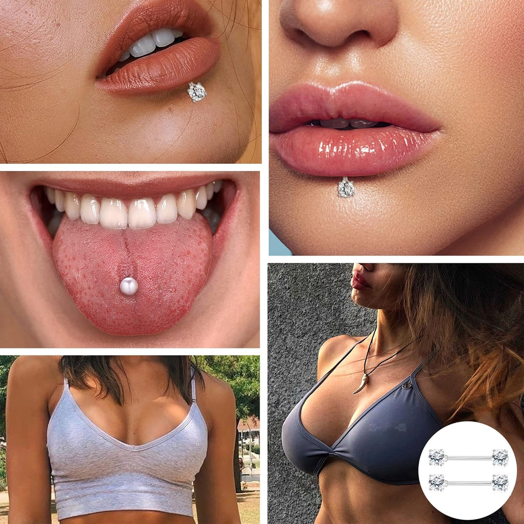 8 Pairs 14G Nipple Rings for Women Stainless Steel CZ Striaght Barbell Tongue Ring Nipple ring Set Butterfly Devil Heart Nipple Piercing Jewelry 16mm 5/8Inch - QIAO CrystalQIAO CrystalQIAO Crystal