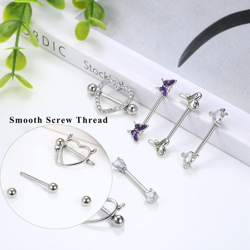 8 Pairs 14G Nipple Rings for Women Stainless Steel CZ Striaght Barbell Tongue Ring Nipple ring Set Butterfly Devil Heart Nipple Piercing Jewelry 16mm 5/8Inch - QIAO CrystalQIAO CrystalQIAO Crystal