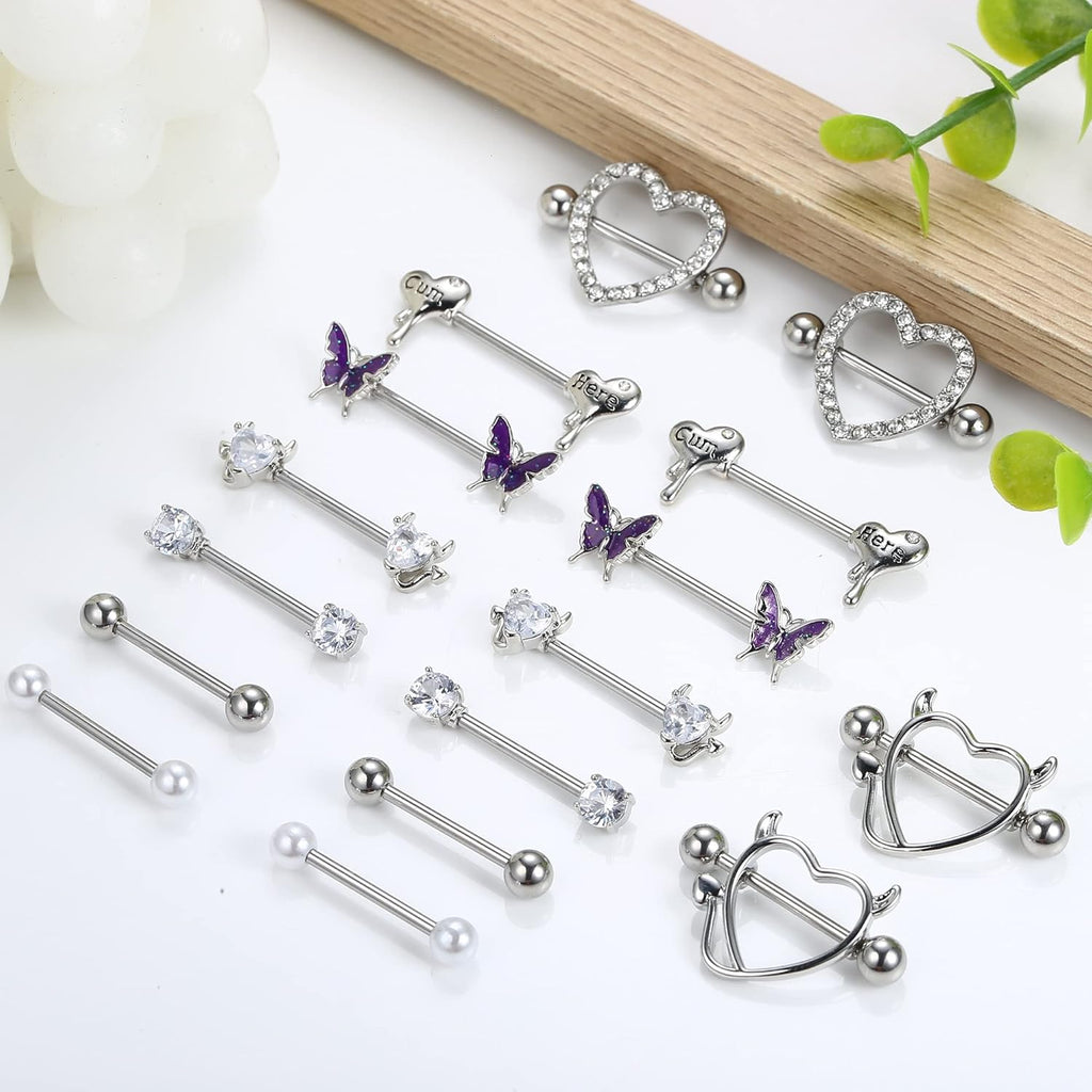 8 Pairs 14G Nipple Rings for Women Stainless Steel CZ Striaght Barbell Tongue Ring Nipple ring Set Butterfly Devil Heart Nipple Piercing Jewelry 16mm 5/8Inch - QIAO CrystalQIAO CrystalQIAO Crystal