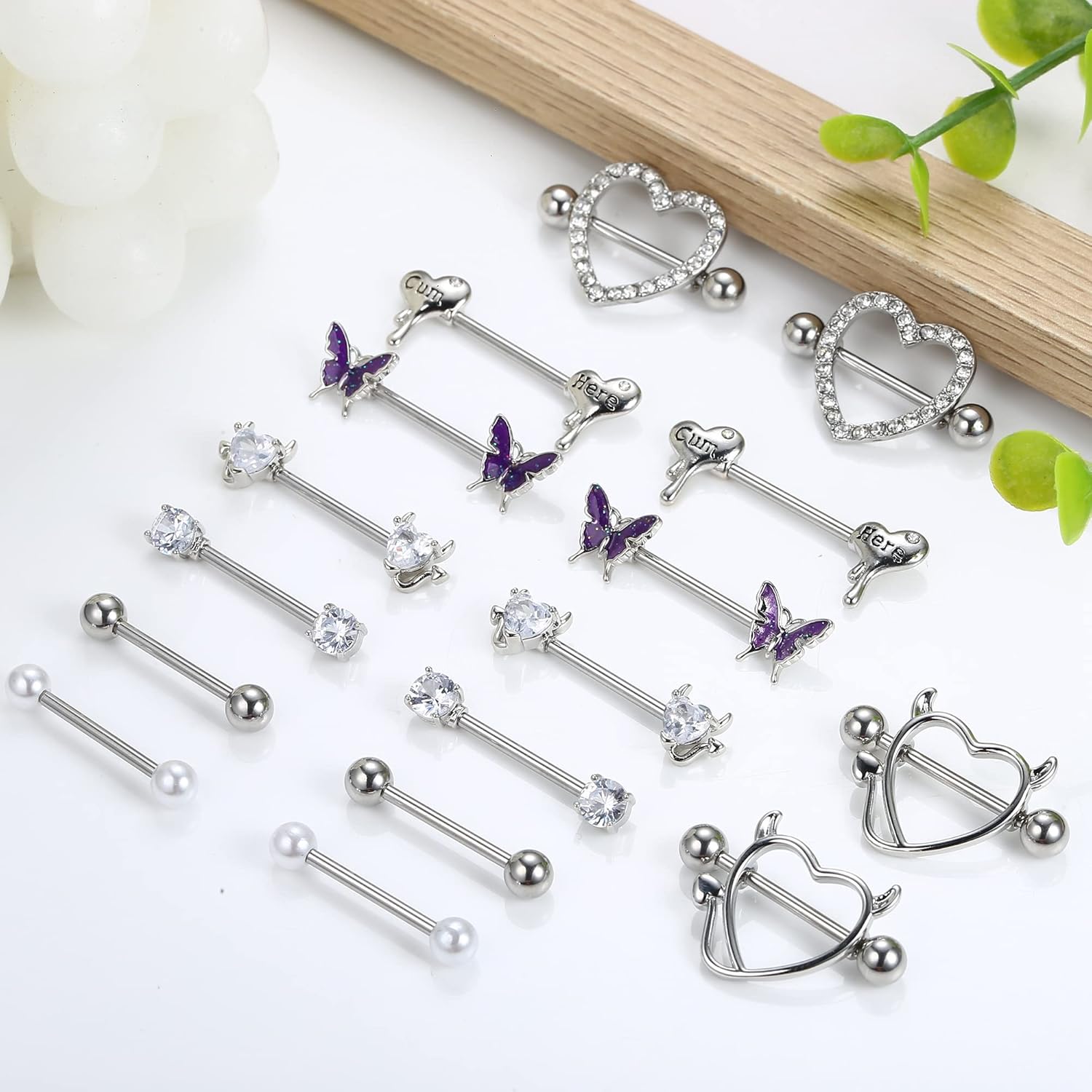 8 Pairs 14G Nipple Rings for Women Stainless Steel CZ Striaght Barbell Tongue Ring Nipple ring Set Butterfly Devil Heart Nipple Piercing Jewelry 16mm 5/8Inch - QIAO CrystalQIAO CrystalQIAO Crystal