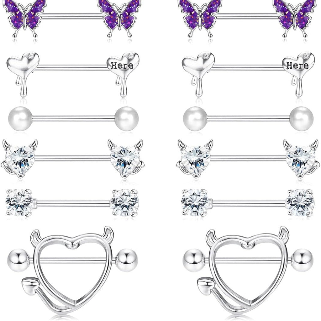 8 Pairs 14G Nipple Rings for Women Stainless Steel CZ Striaght Barbell Tongue Ring Nipple ring Set Butterfly Devil Heart Nipple Piercing Jewelry 16mm 5/8Inch - QIAO CrystalQIAO CrystalQIAO Crystal