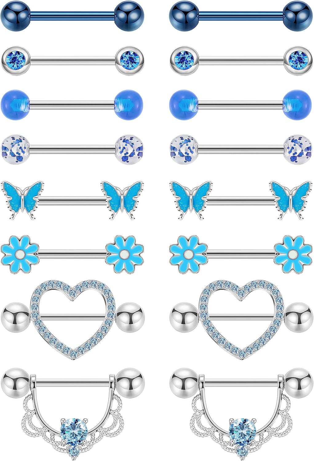8 Pairs 14G Surgical Steel Nipple Rings for Women - Heart, Butterfly, Flower CZ Barbell Piercing Jewelry - QIAO CrystalQIAO CrystalQIAO Crystal