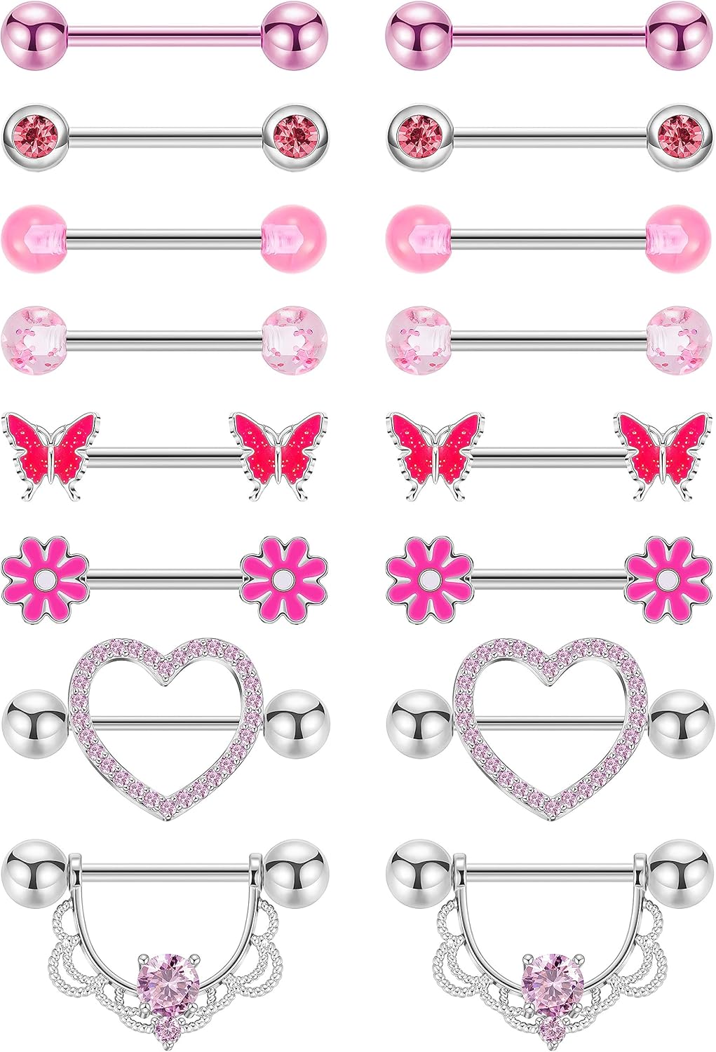 8 Pairs 14G Surgical Steel Nipple Rings for Women - Heart, Butterfly, Flower CZ Barbell Piercing Jewelry - QIAO CrystalQIAO CrystalQIAO Crystal