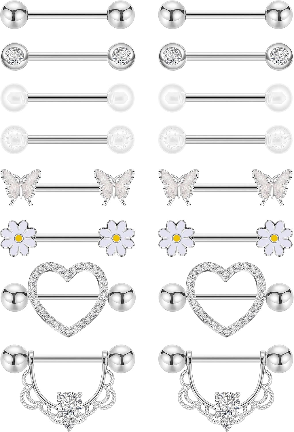 8 Pairs 14G Surgical Steel Nipple Rings for Women - Heart, Butterfly, Flower CZ Barbell Piercing Jewelry - QIAO CrystalQIAO CrystalQIAO Crystal