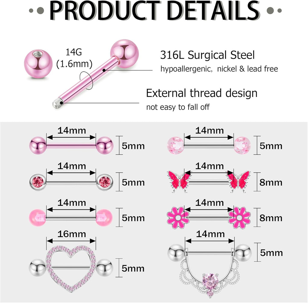 8 Pairs 14G Surgical Steel Nipple Rings for Women - Heart, Butterfly, Flower CZ Barbell Piercing Jewelry - QIAO CrystalQIAO CrystalQIAO Crystal