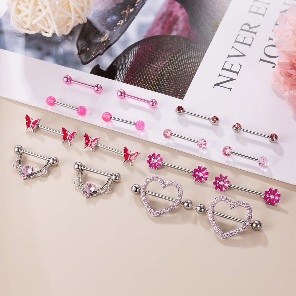 8 Pairs 14G Surgical Steel Nipple Rings for Women - Heart, Butterfly, Flower CZ Barbell Piercing Jewelry - QIAO CrystalQIAO CrystalQIAO Crystal