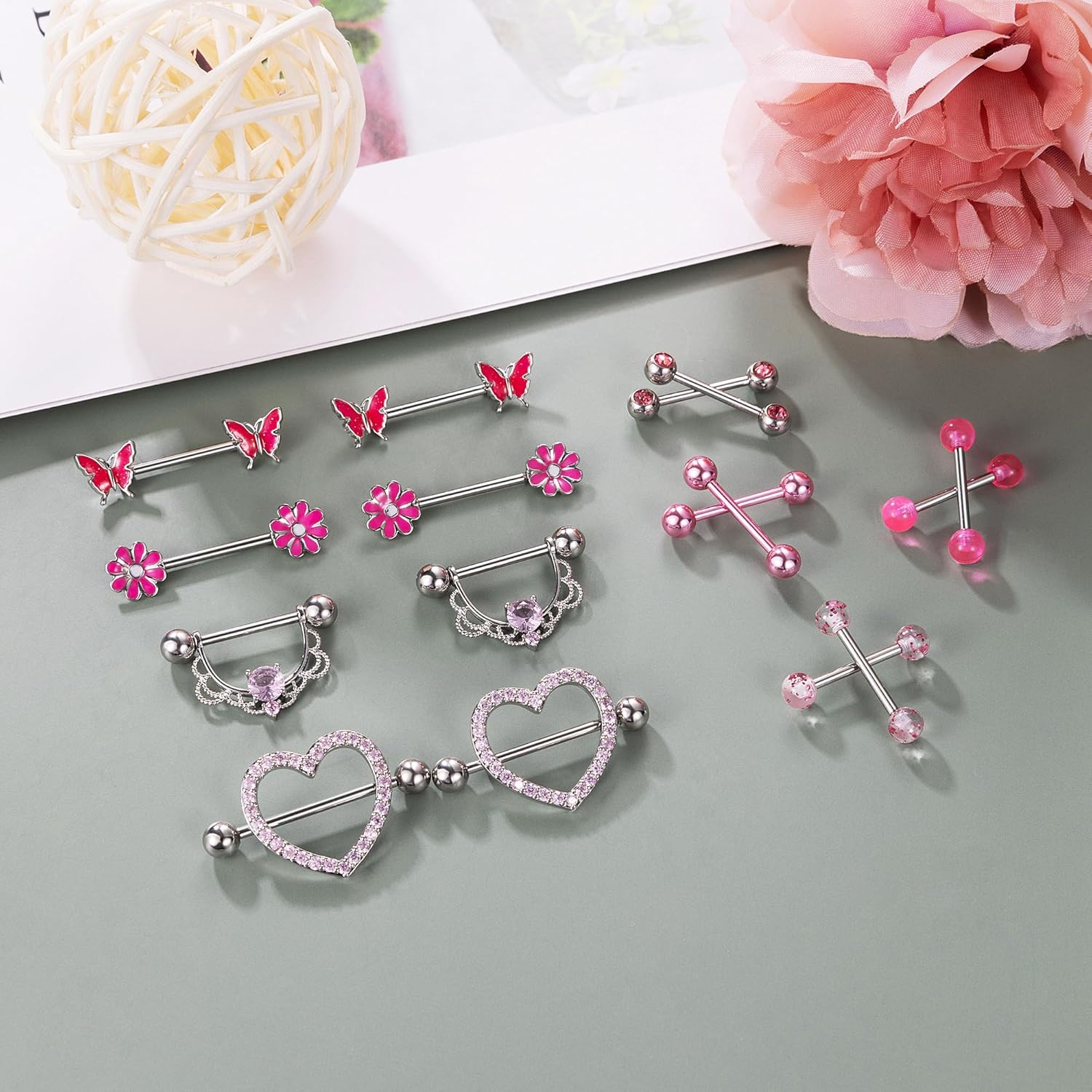 8 Pairs 14G Surgical Steel Nipple Rings for Women - Heart, Butterfly, Flower CZ Barbell Piercing Jewelry - QIAO CrystalQIAO CrystalQIAO Crystal