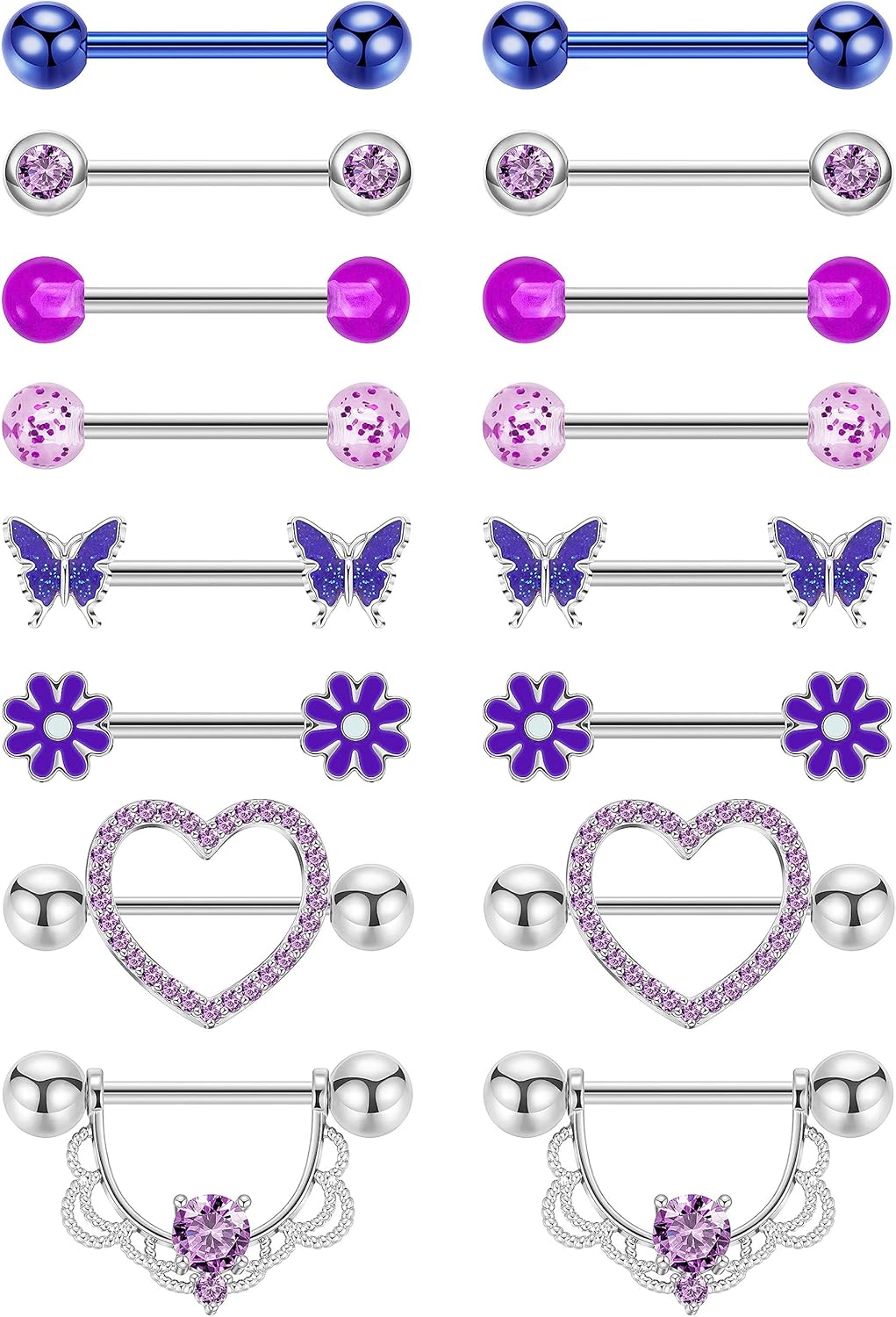 8 Pairs 14G Surgical Steel Nipple Rings for Women - Heart, Butterfly, Flower CZ Barbell Piercing Jewelry - QIAO CrystalQIAO CrystalQIAO Crystal