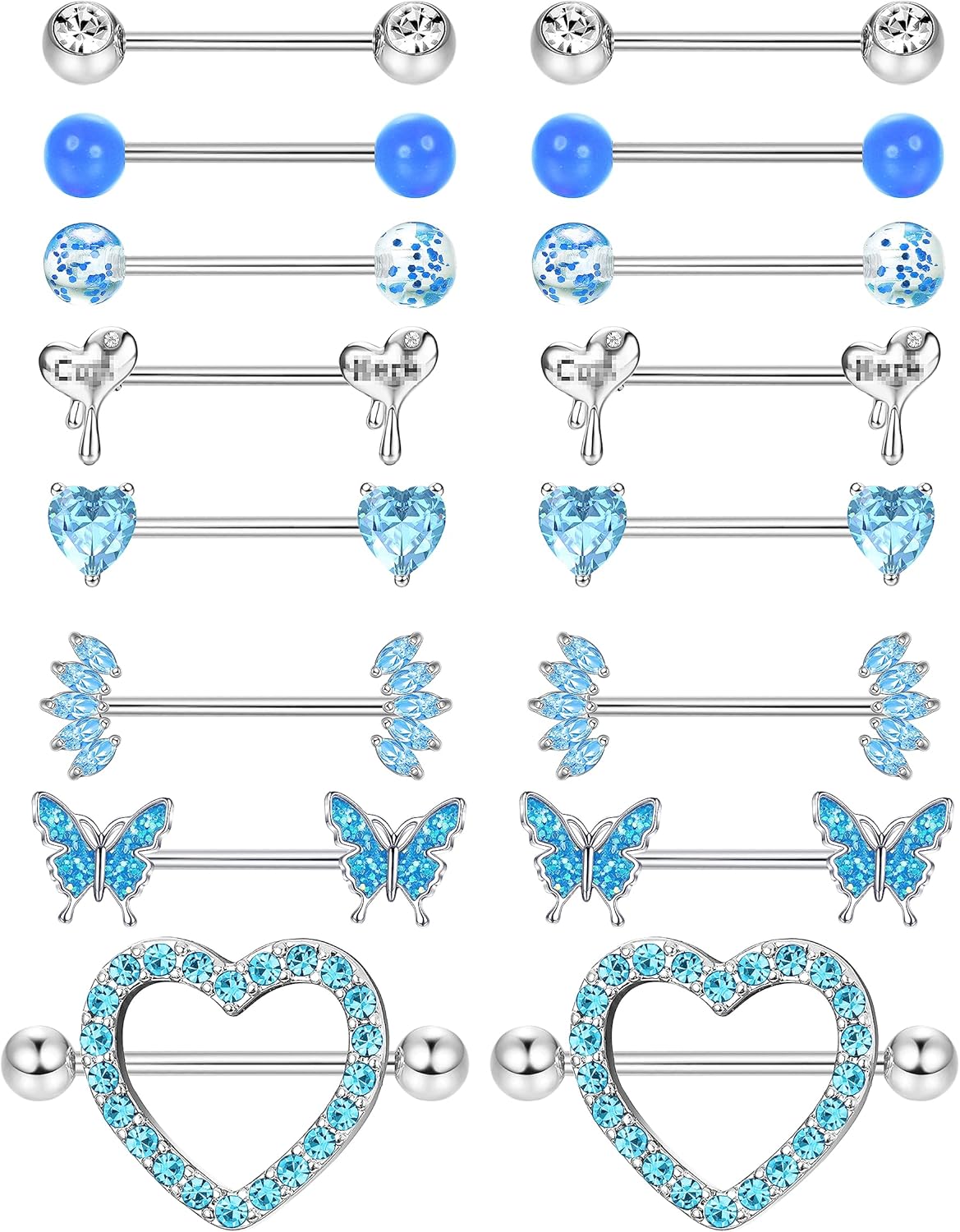 8 Pairs Nipple Rings 14G Stainless Steel Nipplerings CZ Heart Butterfly Ball Tongue Barbell Rings Retainer Body Piercing Jewelry for Women - QIAO CrystalQIAO CrystalQIAO Crystal