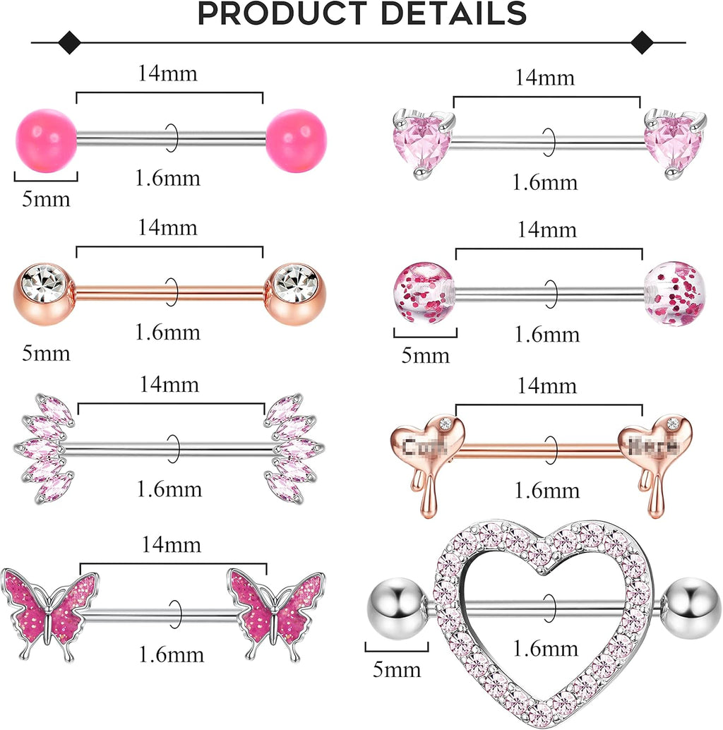 8 Pairs Nipple Rings 14G Stainless Steel Nipplerings CZ Heart Butterfly Ball Tongue Barbell Rings Retainer Body Piercing Jewelry for Women - QIAO CrystalQIAO CrystalQIAO Crystal