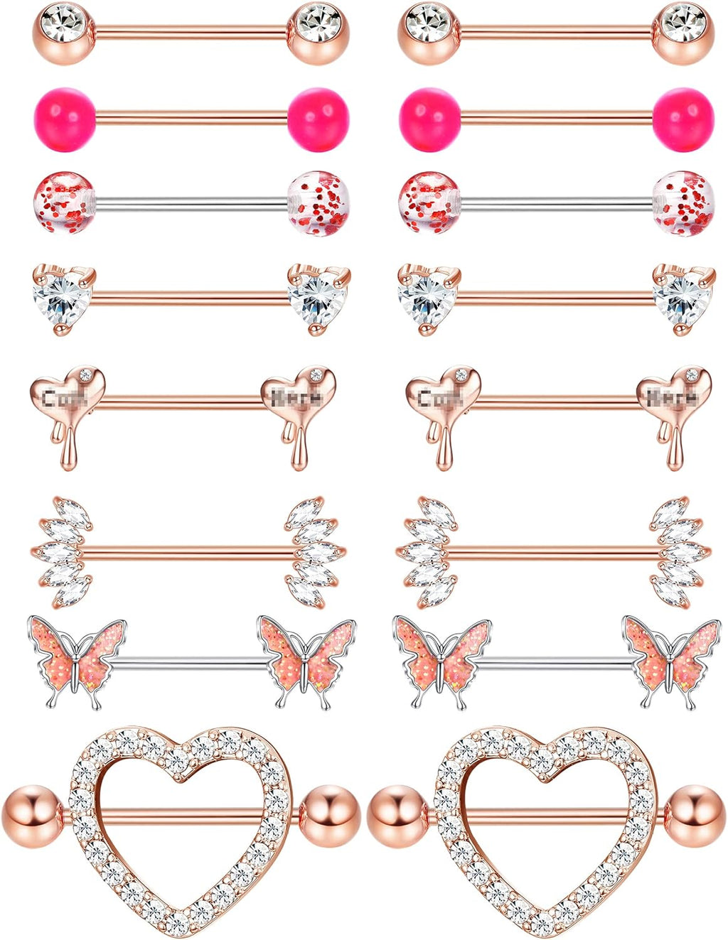 8 Pairs Nipple Rings 14G Stainless Steel Nipplerings CZ Heart Butterfly Ball Tongue Barbell Rings Retainer Body Piercing Jewelry for Women - QIAO CrystalQIAO CrystalQIAO Crystal