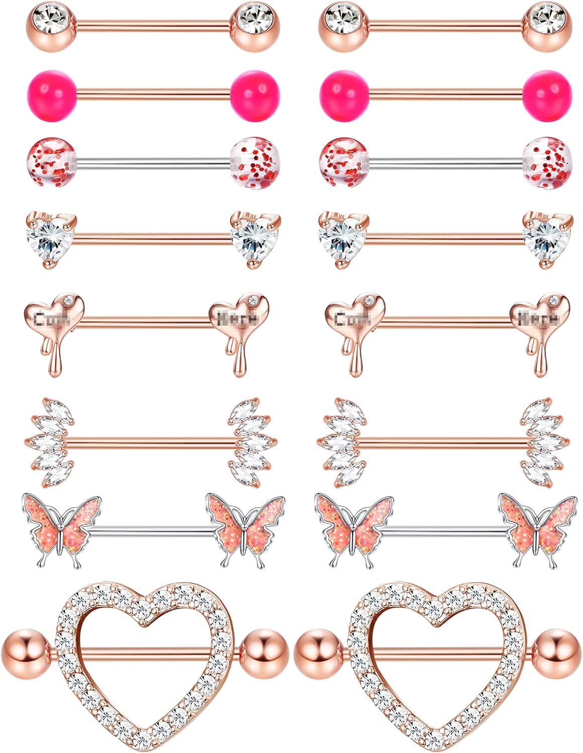 8 Pairs Nipple Rings 14G Stainless Steel Nipplerings CZ Heart Butterfly Ball Tongue Barbell Rings Retainer Body Piercing Jewelry for Women - QIAO CrystalQIAO CrystalQIAO Crystal