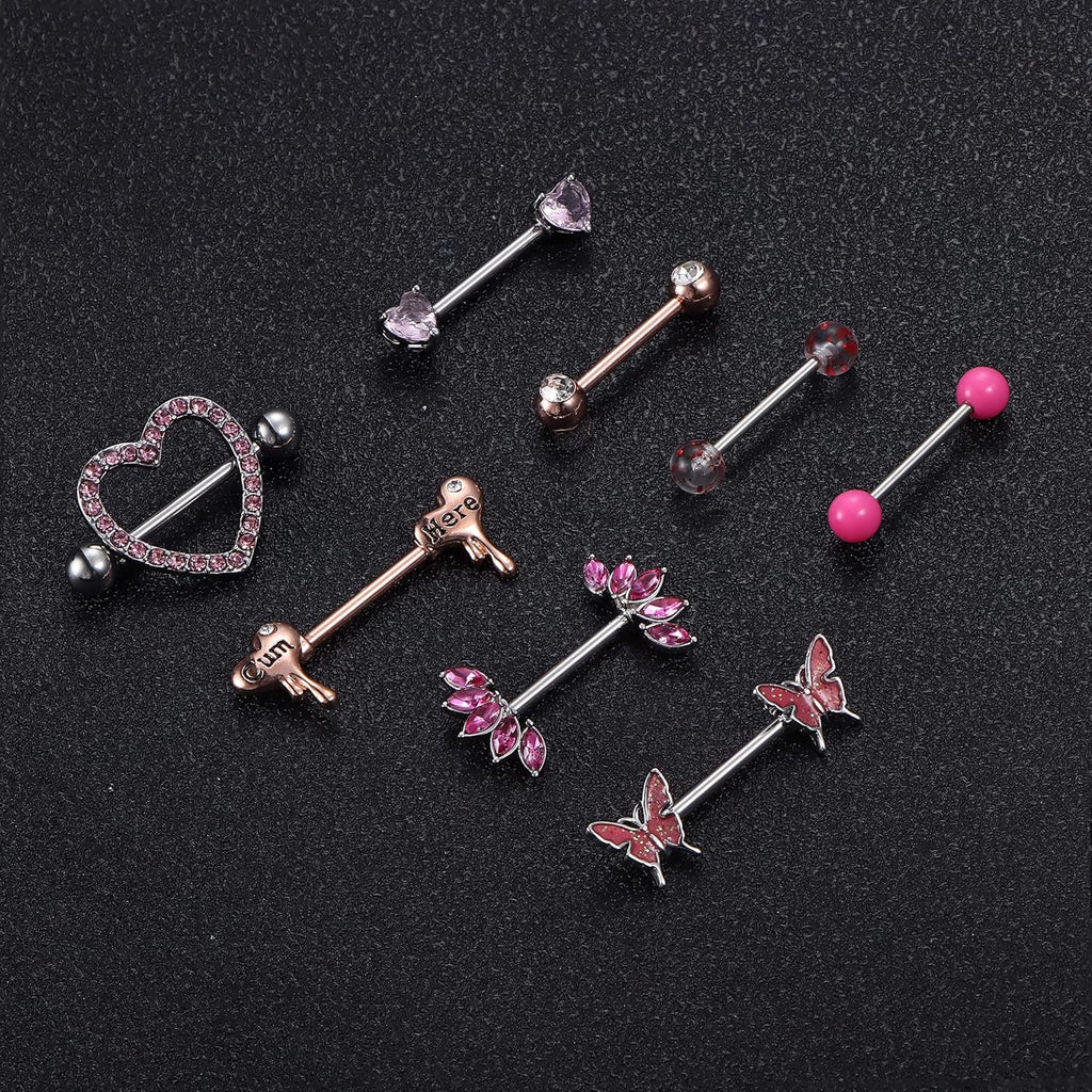 8 Pairs Nipple Rings 14G Stainless Steel Nipplerings CZ Heart Butterfly Ball Tongue Barbell Rings Retainer Body Piercing Jewelry for Women - QIAO CrystalQIAO CrystalQIAO Crystal