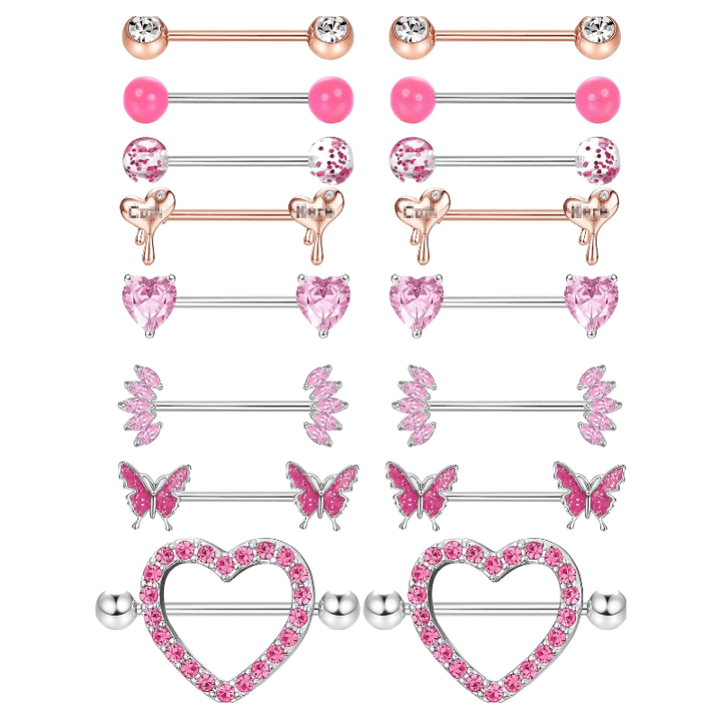 8 Pairs Nipple Rings 14G Stainless Steel Nipplerings CZ Heart Butterfly Ball Tongue Barbell Rings Retainer Body Piercing Jewelry for Women - QIAO CrystalQIAO CrystalQIAO Crystal