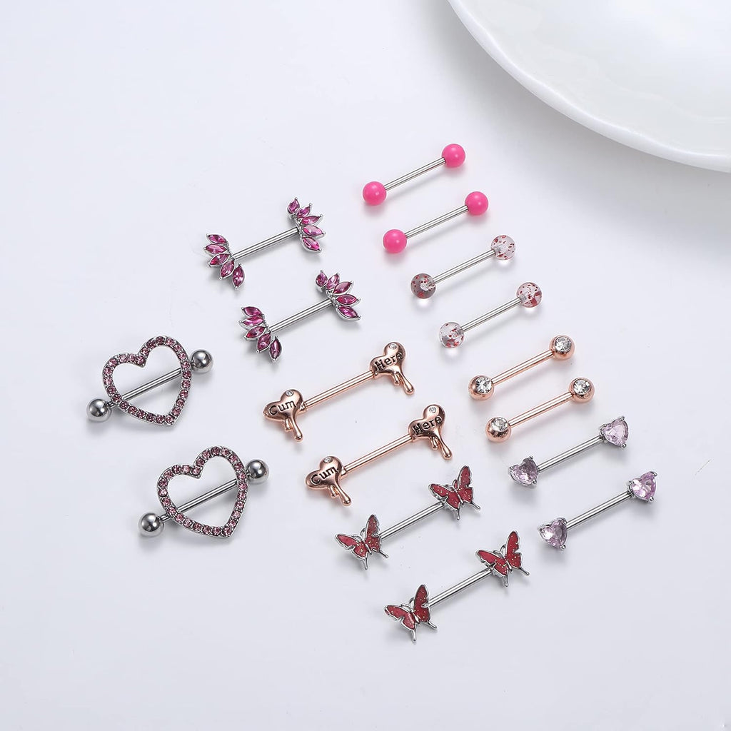 8 Pairs Nipple Rings 14G Stainless Steel Nipplerings CZ Heart Butterfly Ball Tongue Barbell Rings Retainer Body Piercing Jewelry for Women - QIAO CrystalQIAO CrystalQIAO Crystal