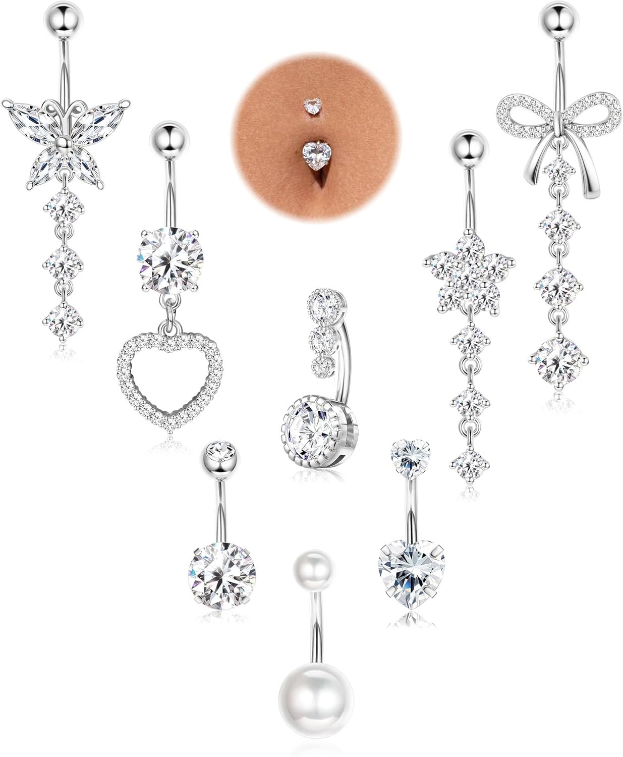 8 Pcs Belly Button Ring Dangle Hypoallergenic Surgical Stainless Steel Belly Rings for Women CZ Pearl Heart Butterfly Bow Flower Navel Piercing Jewelry Dangly Curved Navel Ring - 我的商店我的商店我的商店