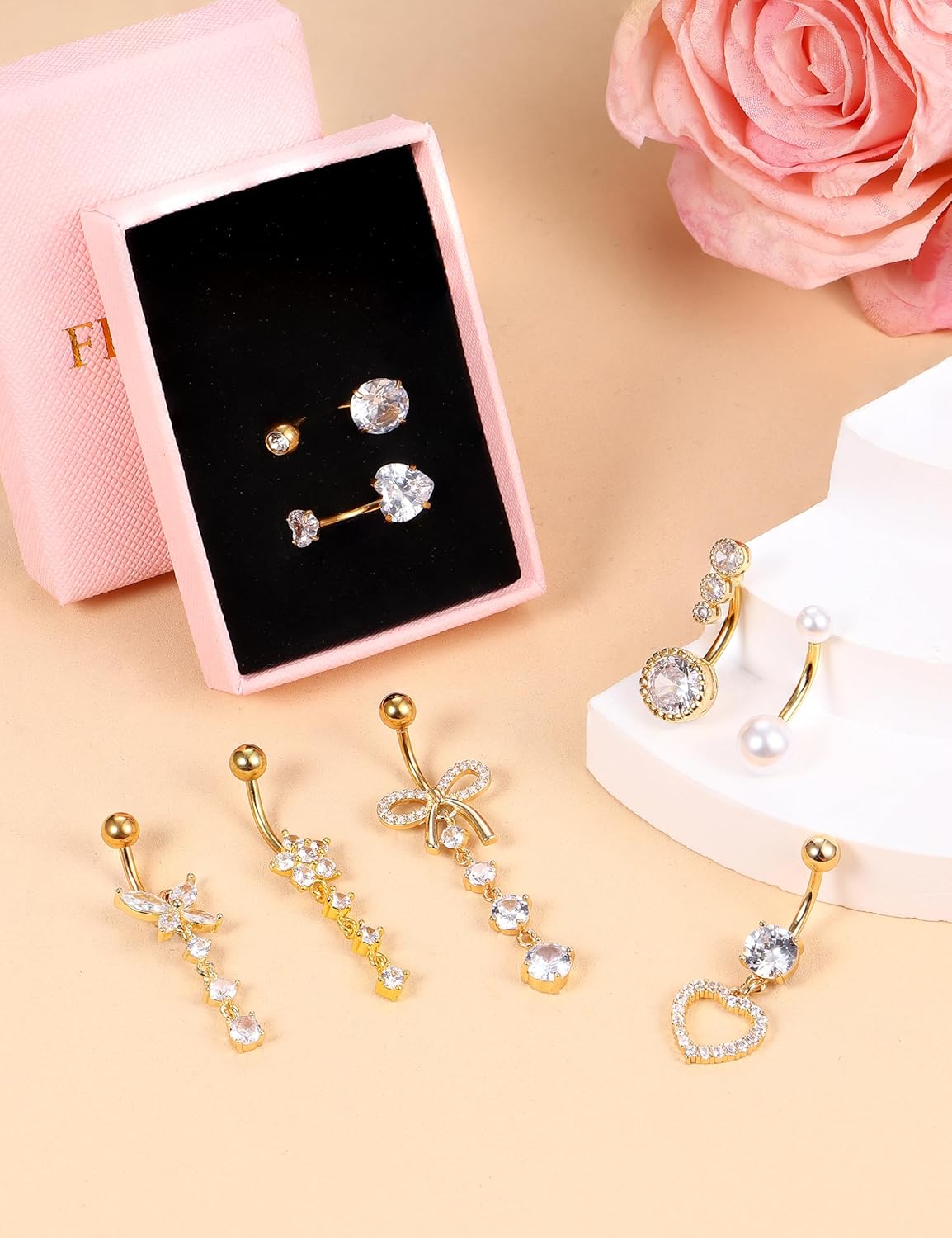 8 Pcs Belly Button Ring Dangle Hypoallergenic Surgical Stainless Steel Belly Rings for Women CZ Pearl Heart Butterfly Bow Flower Navel Piercing Jewelry Dangly Curved Navel Ring - 我的商店我的商店我的商店
