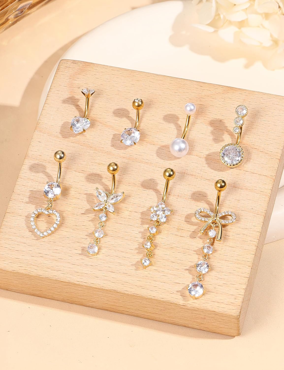 8 Pcs Belly Button Ring Dangle Hypoallergenic Surgical Stainless Steel Belly Rings for Women CZ Pearl Heart Butterfly Bow Flower Navel Piercing Jewelry Dangly Curved Navel Ring - 我的商店我的商店我的商店