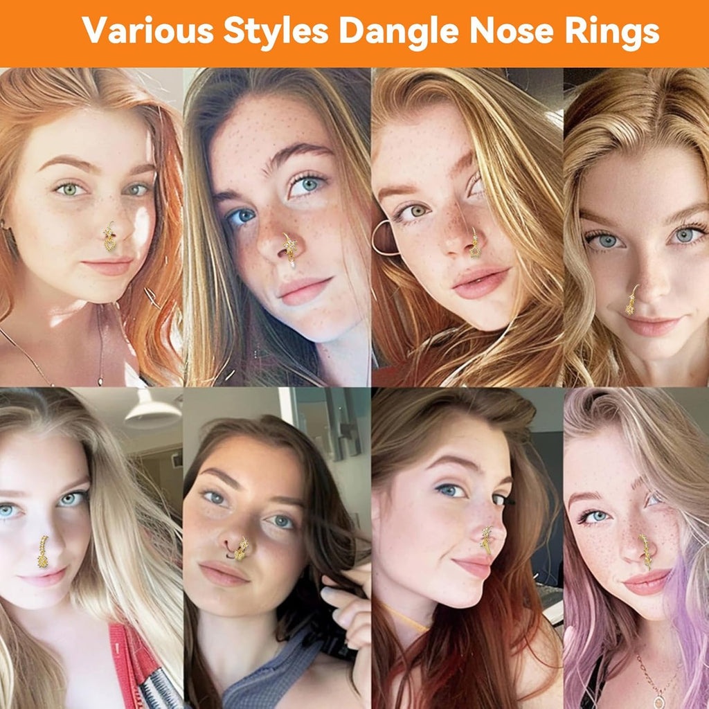 8 Pcs Dangle Nose Rings Hoop for Women,Gold Hoop Nose Rings - QIAO CrystalQIAO CrystalQIAO Crystal