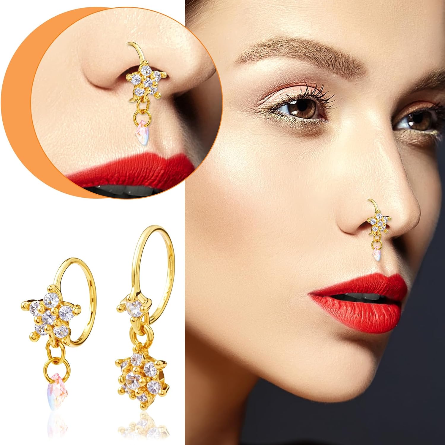8 Pcs Dangle Nose Rings Hoop for Women,Gold Hoop Nose Rings - QIAO CrystalQIAO CrystalQIAO Crystal