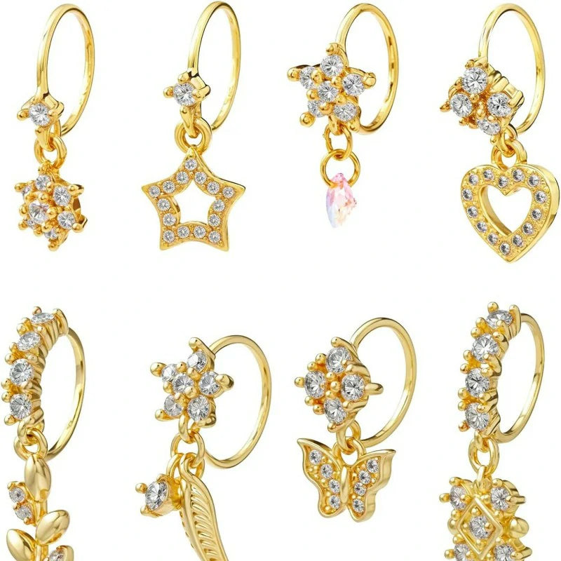 8 Pcs Dangle CZ Flower Leaf Star Butterfly Helix Lip Gold Hoop Nose Rings