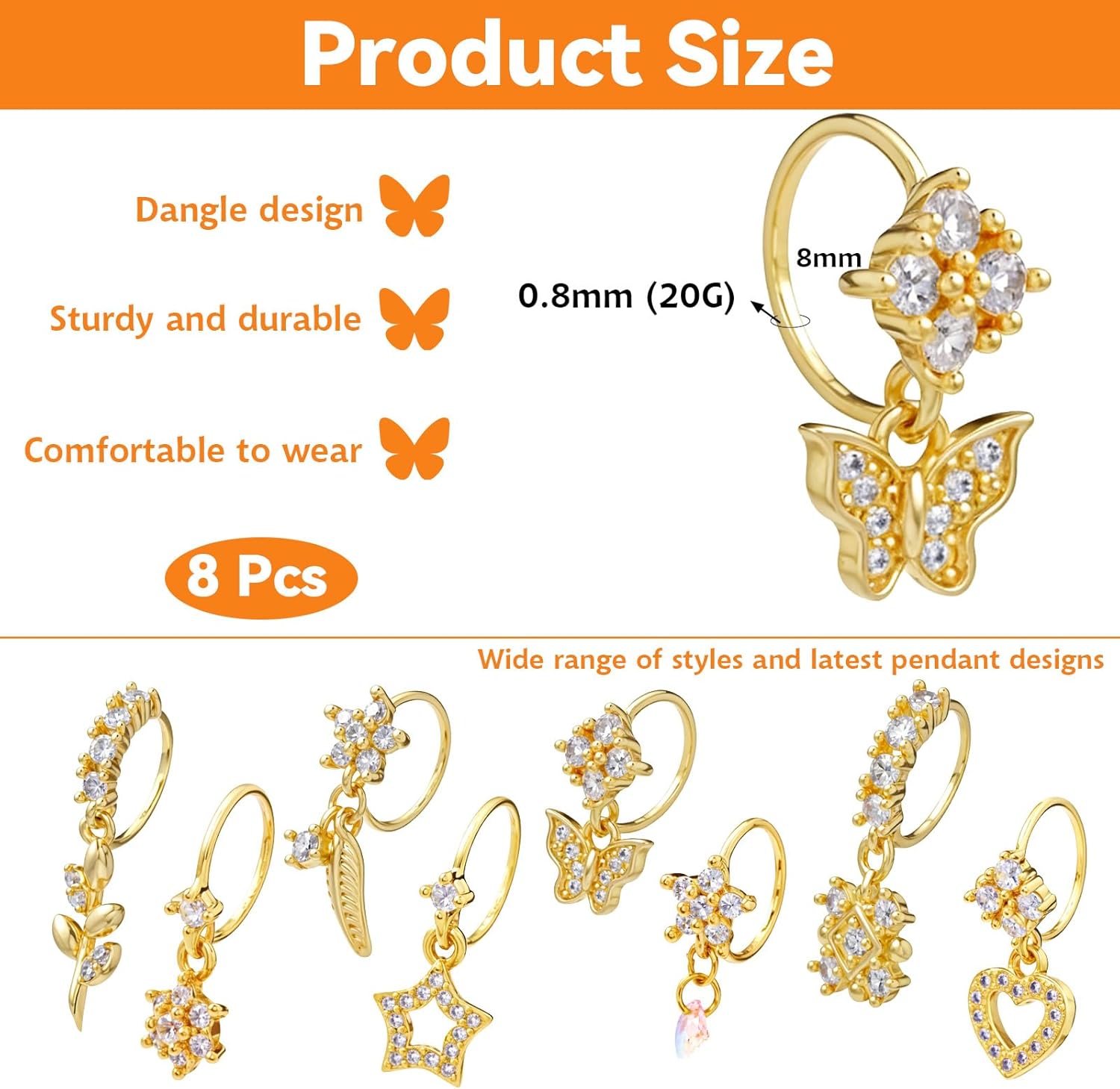 8 Pcs Dangle Nose Rings Hoop for Women,Gold Hoop Nose Rings - QIAO CrystalQIAO CrystalQIAO Crystal