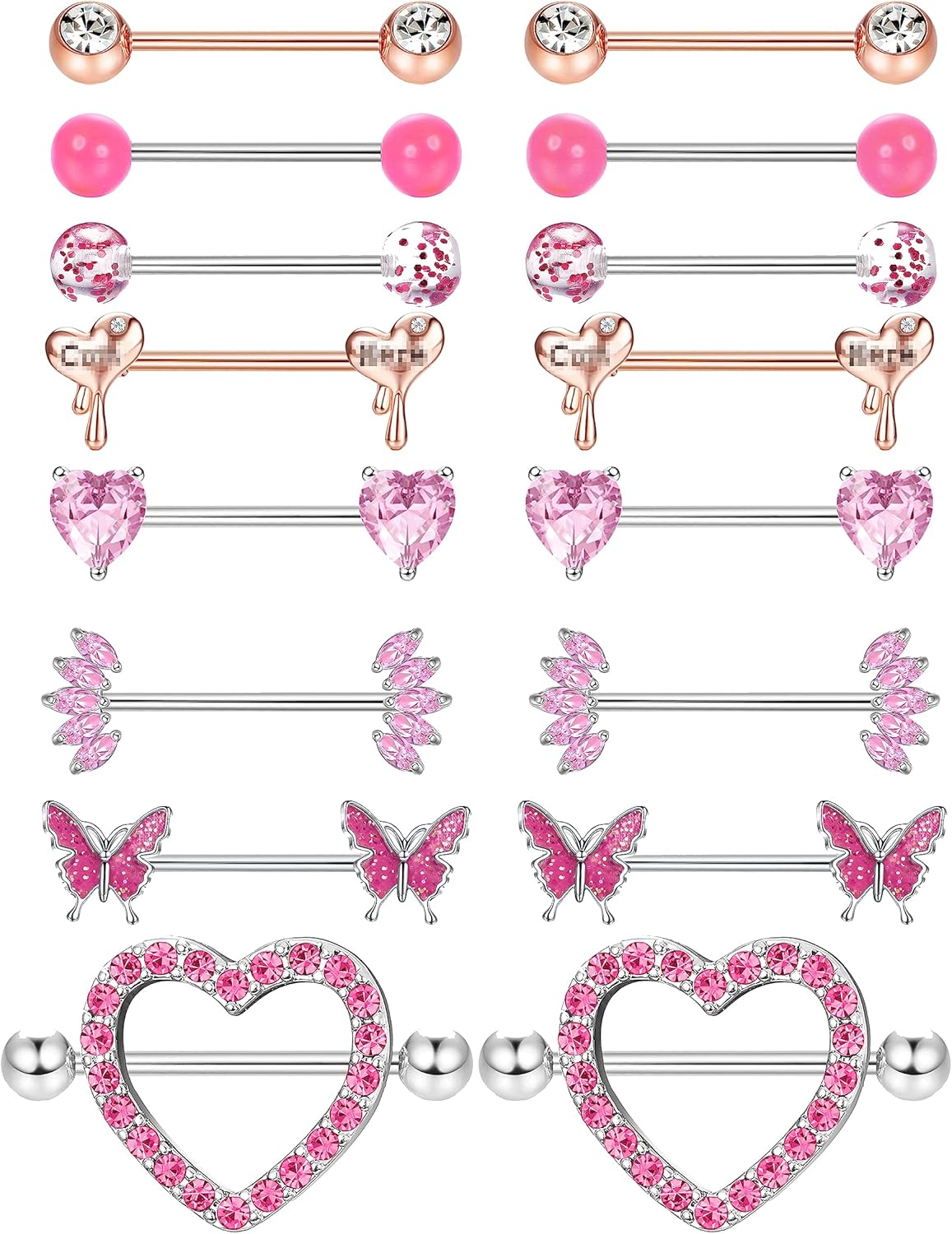 Besteel 8 Pairs Nipple Rings 14G Stainless Steel Nipplerings CZ Heart Butterfly Ball Tongue Barbell Rings Retainer Body Piercing Jewelry for Women