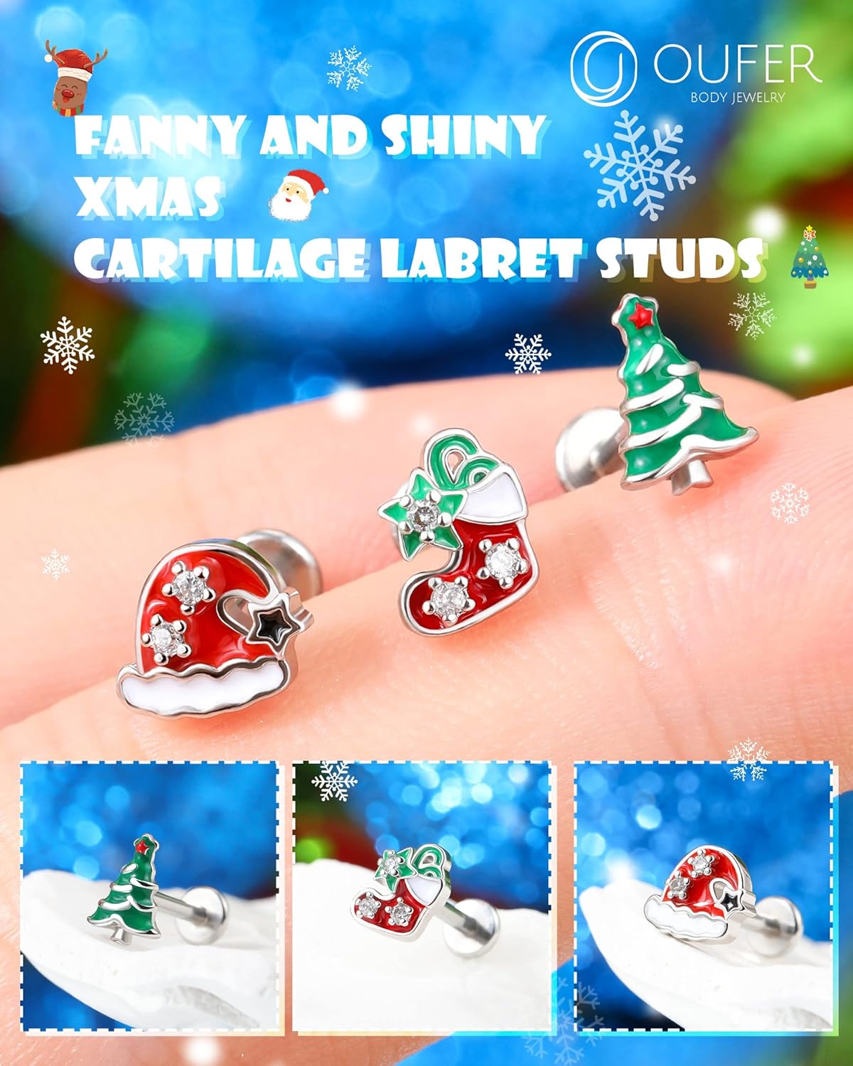 OUFER 16G Surgical Steel Lip & Cartilage Piercing Jewelry Set – 3PCS Christmas-Themed Lip Rings, Helix, and Tragus Earrings for Women and Men