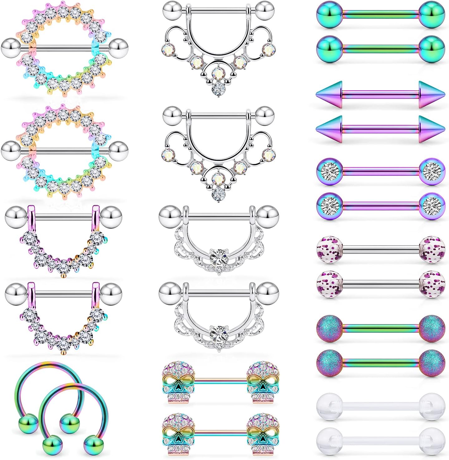12 Pairs 14G Nipple Piercing Jewelry Surgical Steel Cubic Zirconia Nipple Rings Skull Nipple Piercing Jewelry for Women Men 14 Gauge Silver Black Rainbow Rose Gold