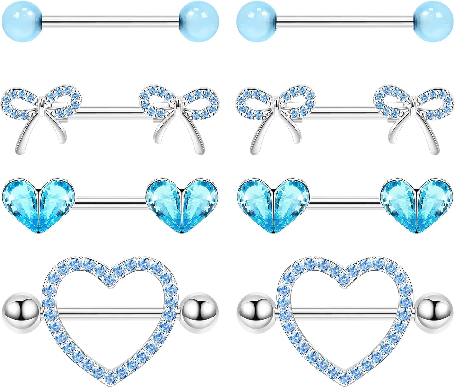 4 Pairs 14G G23 Titanium Nipple Rings for Women Heart Nipple Barbell Tongue Rings CZ Nipple Ring Set Cute Bow Nipplerings Piercing Jewelry