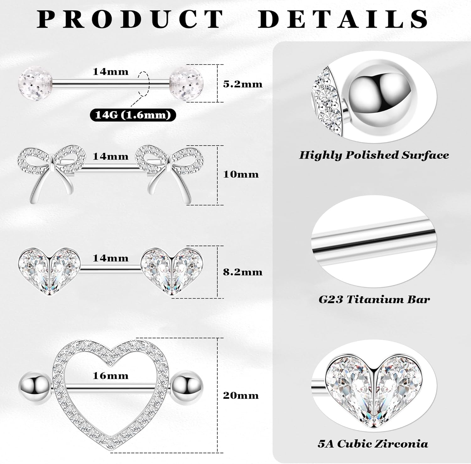 4 Pairs 14G G23 Titanium Nipple Rings for Women Heart Nipple Barbell Tongue Rings CZ Nipple Ring Set Cute Bow Nipplerings Piercing Jewelry