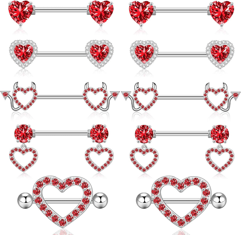 14G Nipple Rings 5-8 Pairs Stainless Steel Nipple Niercing Jewelry Heart Dangle Barbell Tongue Rings Set Cute Pink CZ Nipple Jewelry
