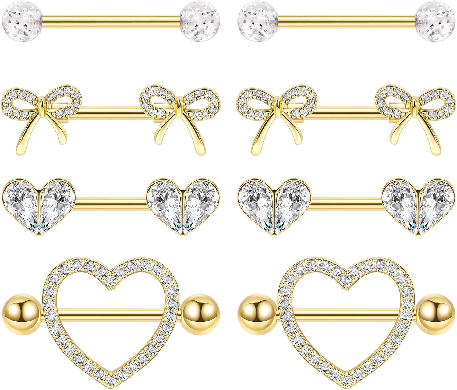 4 Pairs 14G G23 Titanium Nipple Rings for Women Heart Nipple Barbell Tongue Rings CZ Nipple Ring Set Cute Bow Nipplerings Piercing Jewelry