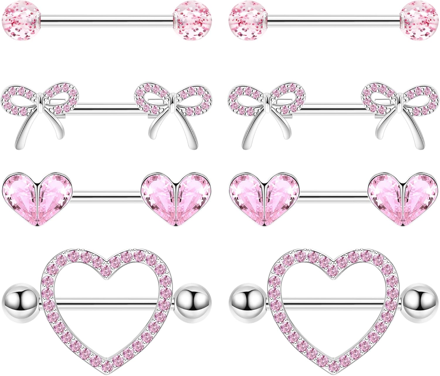 4 Pairs 14G G23 Titanium Nipple Rings for Women Heart Nipple Barbell Tongue Rings CZ Nipple Ring Set Cute Bow Nipplerings Piercing Jewelry